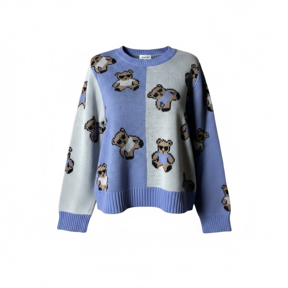 Purple and Gray Sweater with Bear Pattern